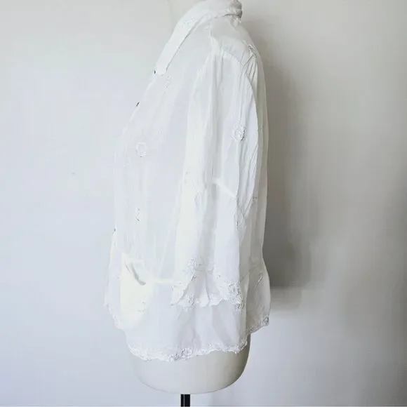 Vintage Johnny Was 90s White Embroidered Semi-Sheer Button Down Size Medium - Picture 4 of 9